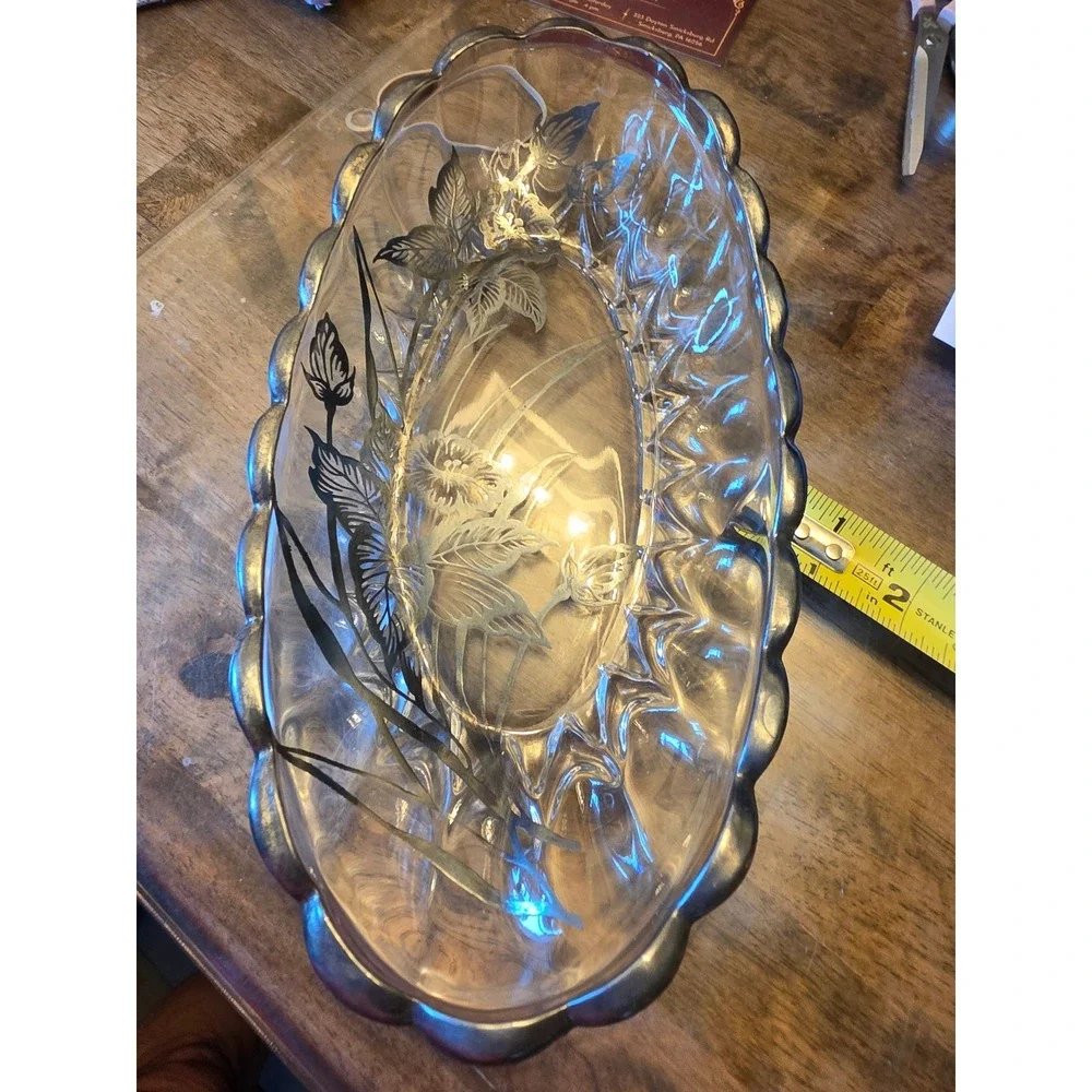 Vintage Silver Overlay Glass Oval Bowl Scalloped Floral Butterfly Serving Dish
